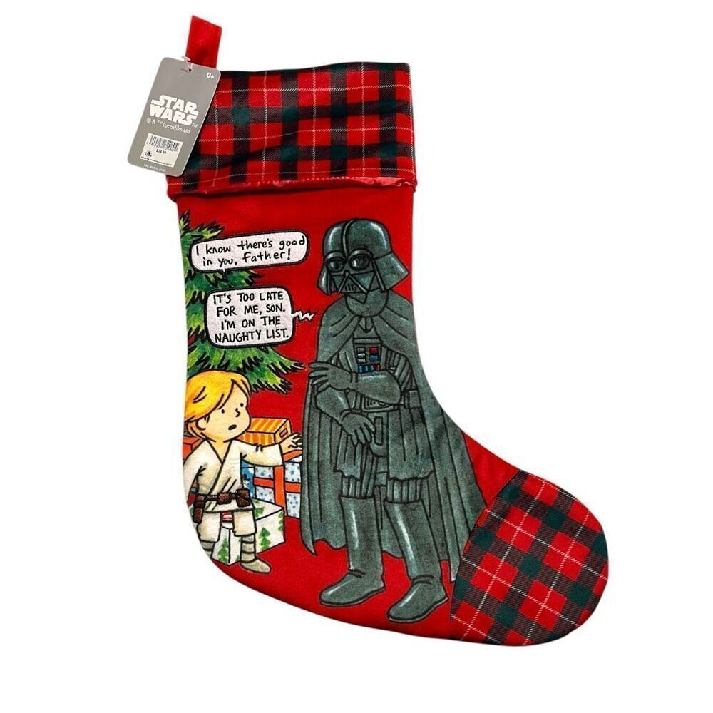 NEW Star Wars Darth Vader & Luke Skywalker Christmas Stocking Plaid Trim Disney